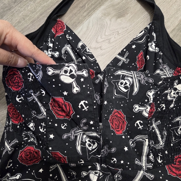 Hell Bunny Vixen Cotton Blend Black Halter Dress with Red Rose & Nautical Print - Picture 8 of 10